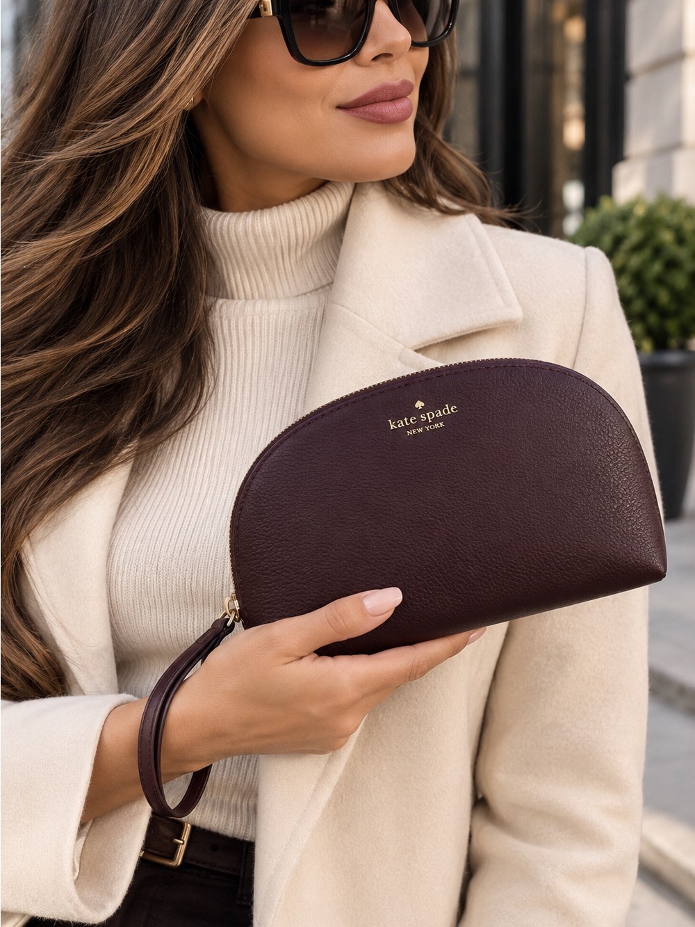 Kate Spade Half Moon Wristlet Clutch Cherry Brown NWT